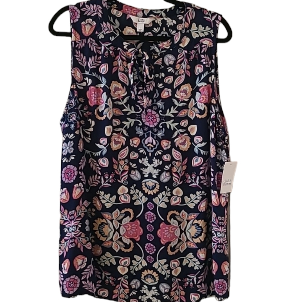CROFT AND BARROW WOMENS BLUE AND PINK FLORAL SLEEVELESS SUMMER TOP SIZE LARGE - Picture 1 of 15